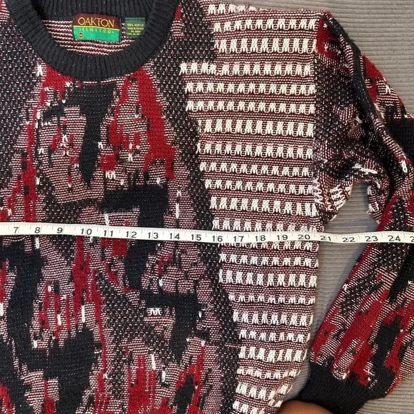 Oakton Limited Mens M Vintage Abstract Geometric Knit Sweater Black Red White - Picture 5 of 8